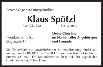 Traueranzeige von Klaus Spötzl von Pegnitz-Zeitung